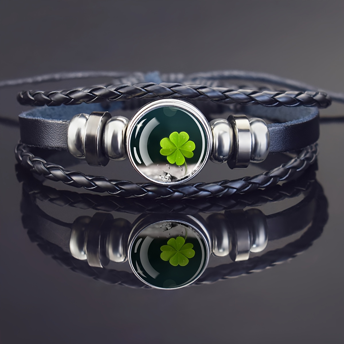 Men's Adjustable Four Leaf Clover Faux Leather Bracelet, Irish Gift